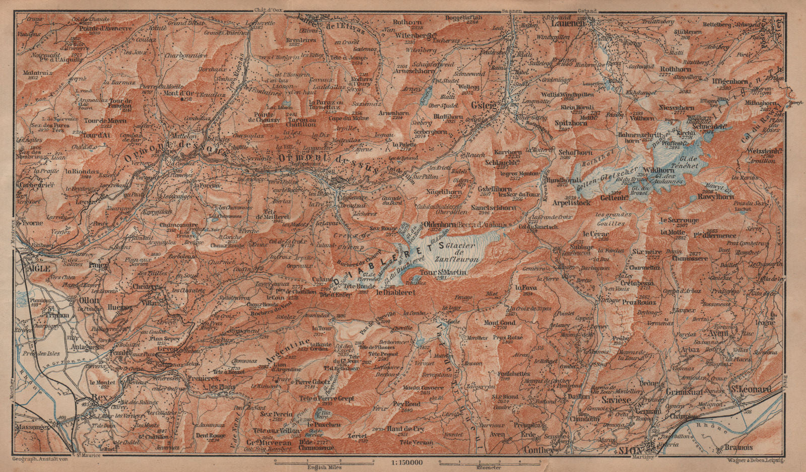 AIGLE DISTRICT.Les Diablerets Villars Gryon Leysin Les Mosses Ormont 1905 map